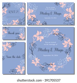 Wedding invitation cards set with floral background in trendy colors Rose quartz and Serenity. Template, greeting card