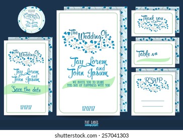 Wedding invitation cards set with flower bells seamless pattern, thank you card, save the date card, RSVP card.