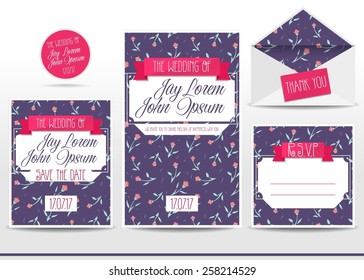 Wedding invitation cards set with flower pattern, thank you card, save the date card, envelope, RSVP card.