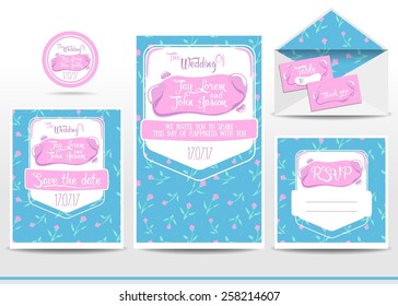 Wedding invitation cards set with flower pattern, thank you card, save the date card, envelope, RSVP card.