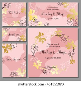 Wedding invitation cards set  with golden floral background . Template, greeting card