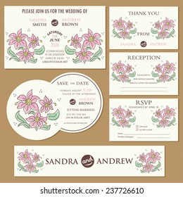 Wedding invitation cards set with hand drawn flowers (invitation, thank you card, RSVP card, reception, save the date and banner)