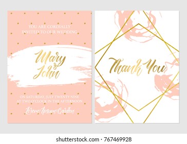 Wedding invitation cards set isolated on white, vector illustration. Grunge brush hand drawn texture, ink stains, glitter gold dots pattern, golden foil geometric elements. Beautiful elegant card.