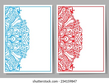 Wedding invitation cards set with lace pattern on white background, greeting card design, vector ornate postcard