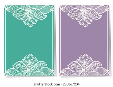 Wedding invitation cards set with lace pattern, greeting card design, beautiful luxury postcard, ornate page cover, vector abstract background