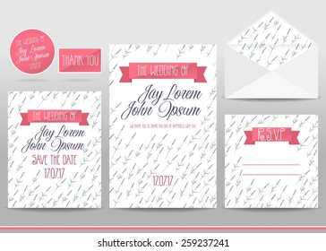 Wedding invitation cards set with lavender flower, thank you card, save the date card, envelope, RSVP card.