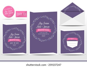 Wedding invitation cards set with lavender flower, thank you card, save the date card, envelope, RSVP card.