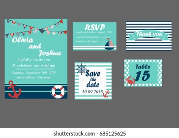 Wedding invitation cards set, nautical style, vector