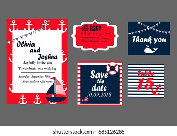 Wedding invitation cards set, nautical style, vector
