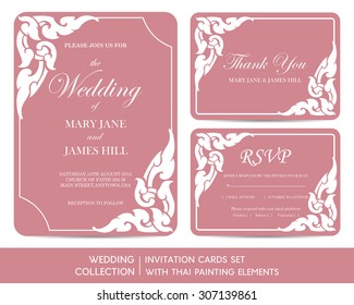Wedding invitation cards set with thai painting elements