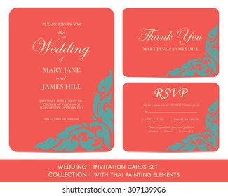 Wedding invitation cards set with thai painting elements