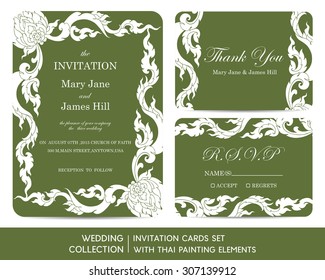 Wedding invitation cards set with thai painting elements