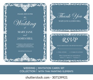 Wedding invitation cards set with thai painting elements