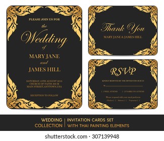 Wedding invitation cards set with thai painting elements