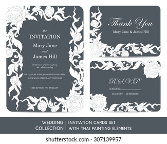 Wedding invitation cards set with thai painting elements