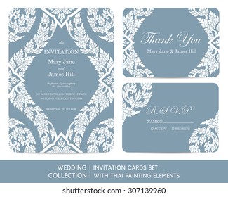 Wedding invitation cards set with thai painting elements