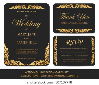 Wedding invitation cards set with thai painting elements