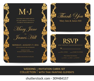 Wedding invitation cards set with Thai painting elements