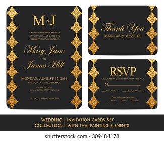 Wedding invitation cards set with Thai painting elements