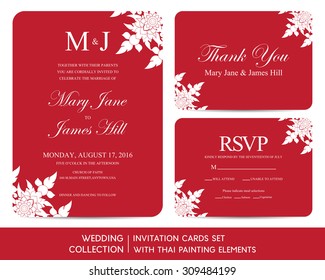 Wedding invitation cards set with Thai painting elements