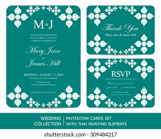 Wedding invitation cards set with Thai painting elements