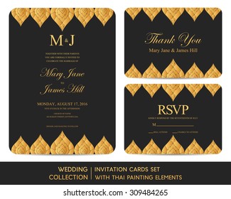 Wedding invitation cards set with Thai painting elements