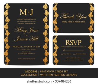 Wedding invitation cards set with Thai painting elements