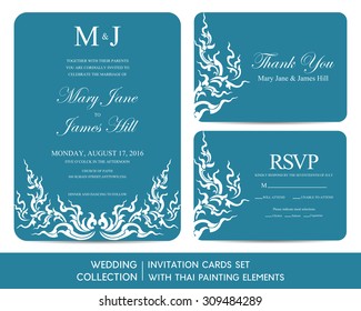 Wedding invitation cards set with Thai painting elements