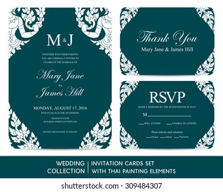 Wedding invitation cards set with Thai painting elements
