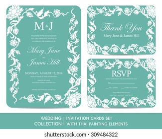 Wedding invitation cards set with Thai painting elements