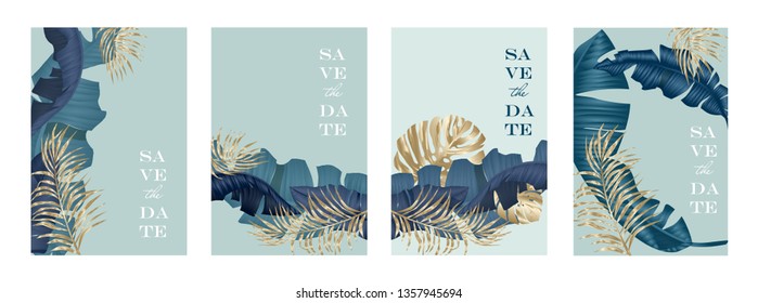 Wedding invitation cards set with tropical leaves on background. Luxury exotic botanical design for wedding ceremony. Can be used for cosmetics, spa, beauty salon