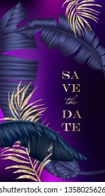 Wedding invitation cards set with tropical leaves on background. Luxury exotic botanical design for wedding ceremony. Can be used for cosmetics, spa, beauty salon