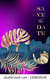 Wedding invitation cards set with tropical leaves on background. Luxury exotic botanical design for wedding ceremony. Can be used for cosmetics, spa, beauty salon