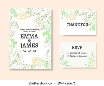 Wedding invitation cards set. Vector floral romantic set on wedding theme with gentle elegant pastel flowers and branches.