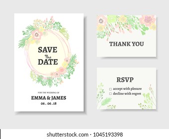 Wedding invitation cards set. Vector floral romantic set on wedding theme with gentle elegant pastel flowers and branches.