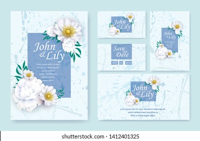 Wedding Invitation Cards Set with White Peony, Anemones Flowers and Green Eucalypt Leaves Decoration. Ornamental Template. Floral Poster, Invite, Greeting Background. Vector Illustration, Copy Space