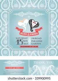 Wedding invitation cards set.Bride and groom heart couple,paisley lace pattern,frame,retro design.Winter season save the date card, thank you card,RSVP.Holiday Vector,fashion illustration