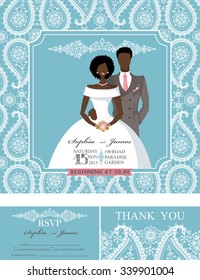 Wedding invitation cards set.Bride and groom couple,paisley lace pattern,frame,retro design.Winter season save the date card, thank you card,RSVP.Holiday Vector,fashion illustration