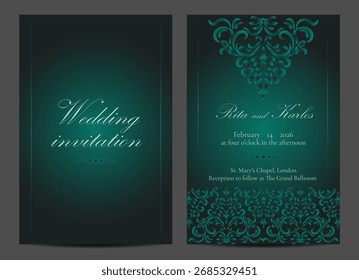 Tarjetas de invitación de Boda en colores rosa suave. Patrón de Antiguas. Ornamento victoriano retro. Marco con Elementos florales. Ilustración vectorial.
