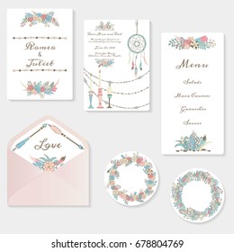 Wedding invitation cards suite with tender garden design. Pastel flowers, birdcages, garlands and lamps. Boho hippie style. Hand drawn illustrations.