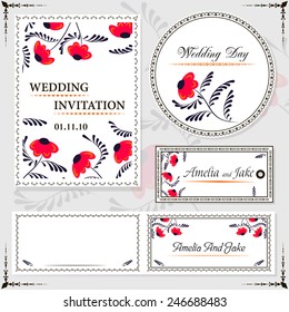 Wedding invitation cards and tag, wedding set red flowers design