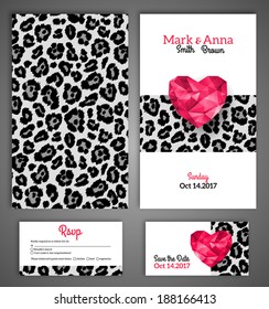 Wedding invitation cards template with abstract polygonal heart and leopard print. Vector illustration.