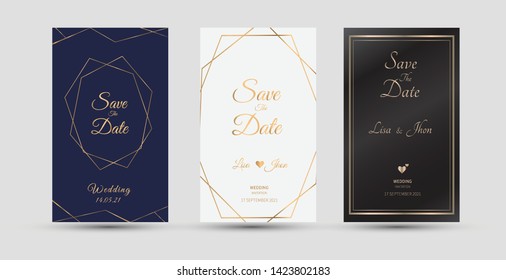 Wedding invitation cards. Template with gold geometric line. Vector illustration