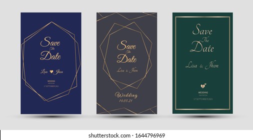 Wedding invitation cards. Template with gold geometric line. Vector illustration