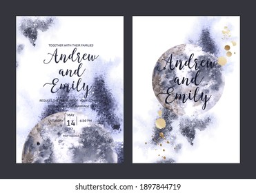 Wedding invitation cards template with hand drawn moon and abstract watercolor background