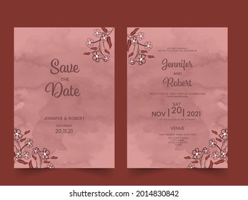 Wedding Invitation Cards Template Layout Decorated With Floral And Watercolor Effect.