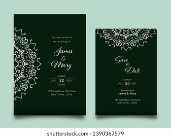 Wedding Invitation Cards Template Layout with Mandala Pattern in Green Color.