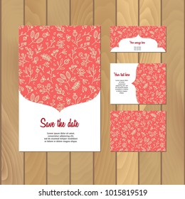 Wedding Invitation Cards Template Set on wood table top. Marriage event.