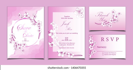 Wedding Invitation Cards Template Set of Cherry Blossom Sketched with Watercolor Background. Set of Save the Date, Greeting, Thank You, and RSVP Purple Color Theme Design