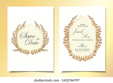 Wedding Invitation Cards Template Set of Leaves Golden Frame and Abstract Sparkle Background. Save the Date, Greeting, Poster, or Book Cover Concept Design